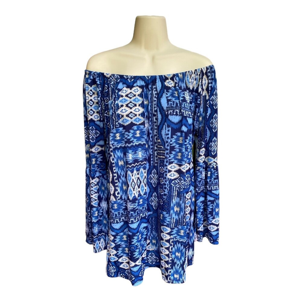 West loop off shoulder white blue aztec print angel sleeve tunic top size Medium